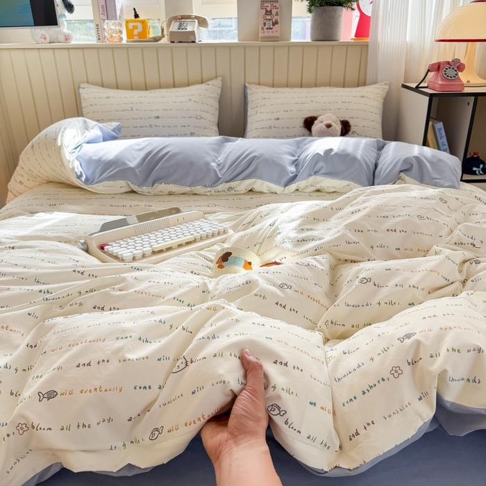 91家纺网 家纺一手货源 找家纺 鑫佳居 2026新款古法仿棉小清新印花四件套 鱼梦