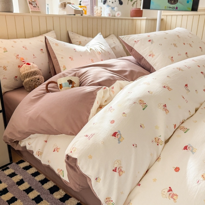 91家纺网 家纺一手货源 找家纺 鑫佳居 2026新款古法仿棉小清新印花四件套 星星崽