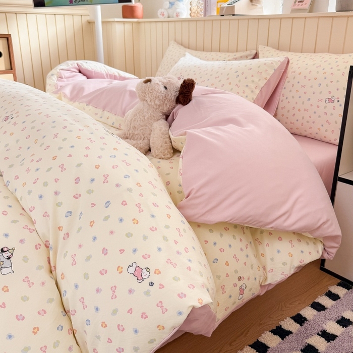 91家纺网 家纺一手货源 找家纺 鑫佳居 2026新款古法仿棉小清新印花四件套 软芙小狗