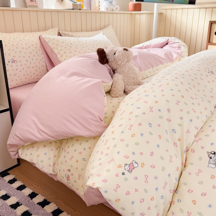 91家纺网 家纺一手货源 找家纺 鑫佳居 2026新款古法仿棉小清新印花四件套 软芙小狗