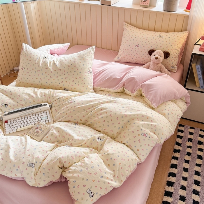 91家纺网 家纺一手货源 找家纺 鑫佳居 2026新款古法仿棉小清新印花四件套 软芙小狗