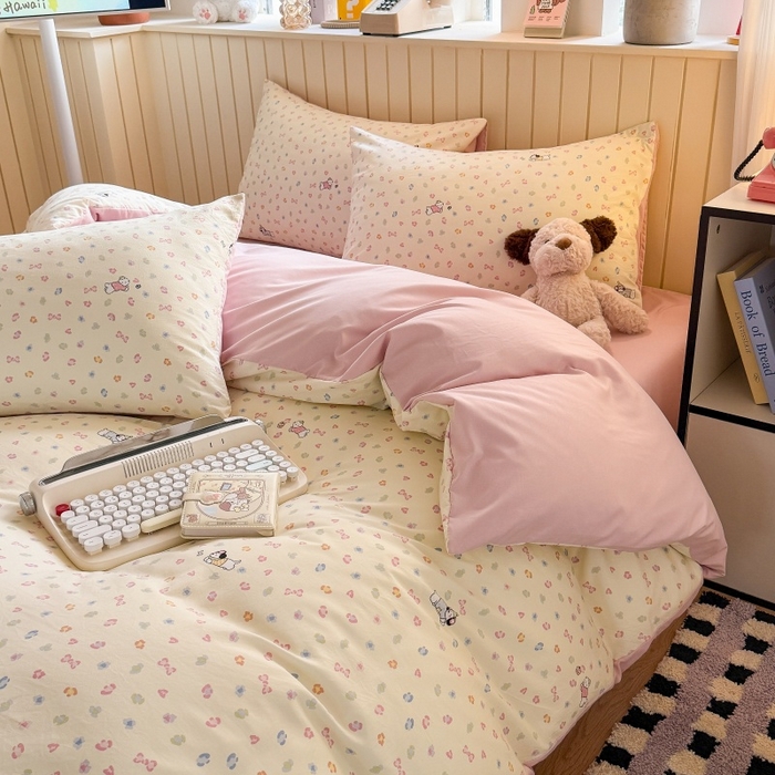 91家纺网 家纺一手货源 找家纺 鑫佳居 2026新款古法仿棉小清新印花四件套 软芙小狗