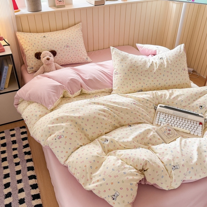 91家纺网 家纺一手货源 找家纺 鑫佳居 2026新款古法仿棉小清新印花四件套 软芙小狗