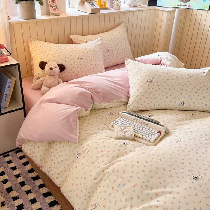 91家纺网 家纺一手货源 找家纺 鑫佳居 2026新款古法仿棉小清新印花四件套 软芙小狗