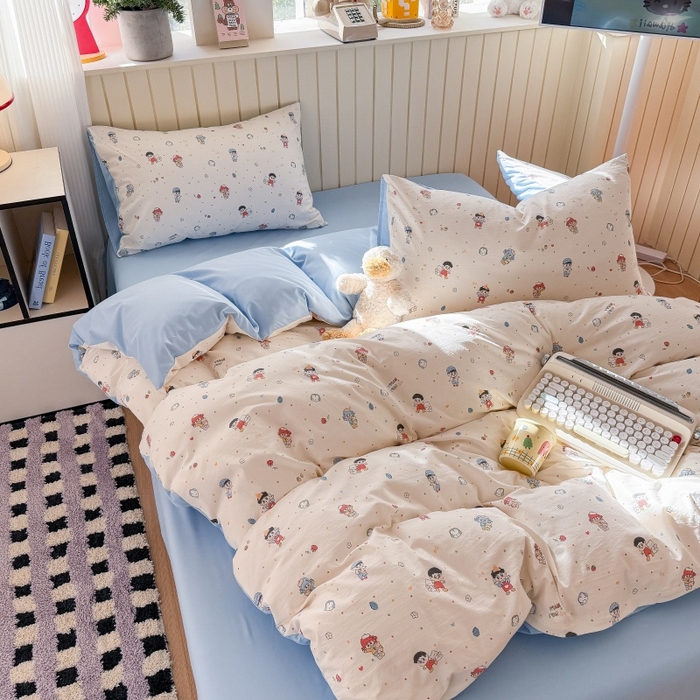 91家纺网 家纺一手货源 找家纺 鑫佳居 2026新款古法仿棉小清新印花四件套 童趣甜日