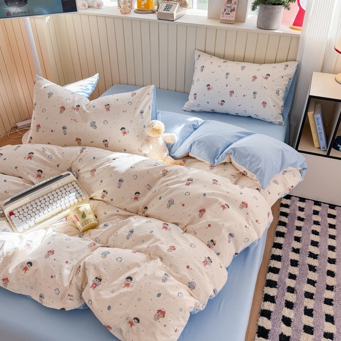 91家纺网 家纺一手货源 找家纺 鑫佳居 2026新款古法仿棉小清新印花四件套 童趣甜日