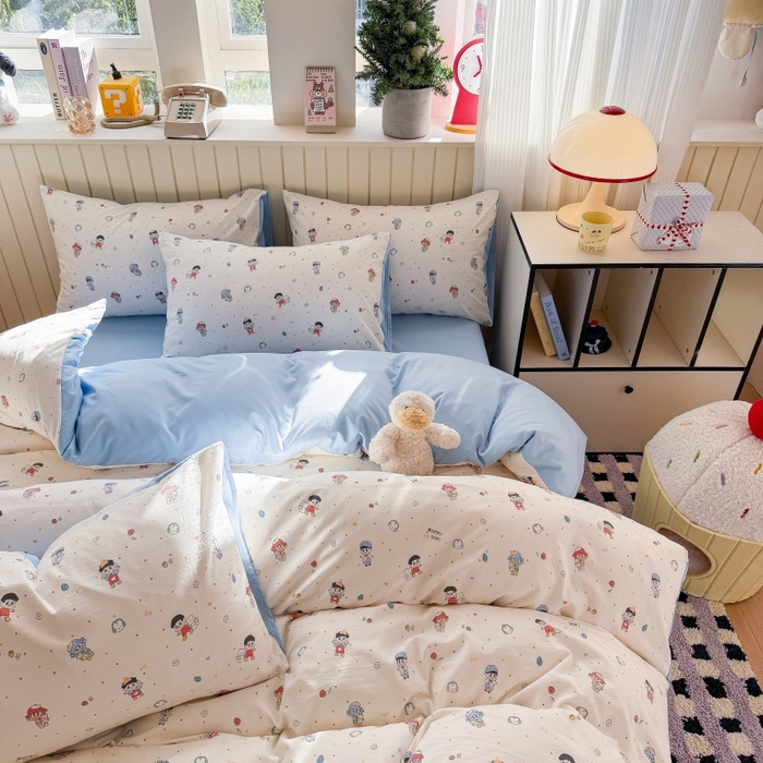 91家纺网 家纺一手货源 找家纺 鑫佳居 2026新款古法仿棉小清新印花四件套 童趣甜日