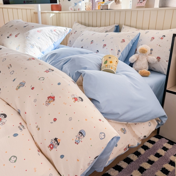 91家纺网 家纺一手货源 找家纺 鑫佳居 2026新款古法仿棉小清新印花四件套 童趣甜日