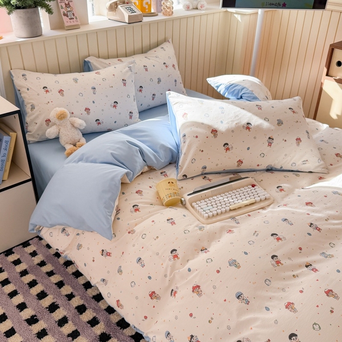 91家纺网 家纺一手货源 找家纺 鑫佳居 2026新款古法仿棉小清新印花四件套 童趣甜日