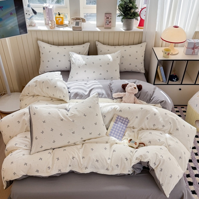 91家纺网 家纺一手货源 找家纺 鑫佳居 2026新款古法仿棉小清新印花四件套 灰蝴蝶