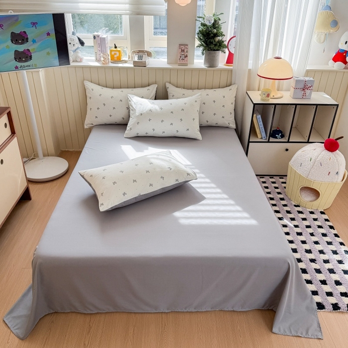 91家纺网 家纺一手货源 找家纺 鑫佳居 2026新款古法仿棉小清新印花四件套 灰蝴蝶