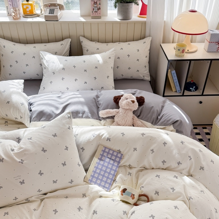 91家纺网 家纺一手货源 找家纺 鑫佳居 2026新款古法仿棉小清新印花四件套 灰蝴蝶