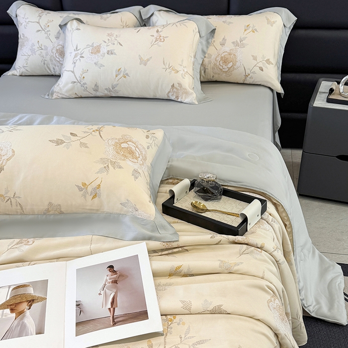 91家纺网 家纺一手货源 找家纺 （总）玉相逢 2026春夏新款莱赛尔天丝夏被嵌绳款数码印花单夏被夏被四件套