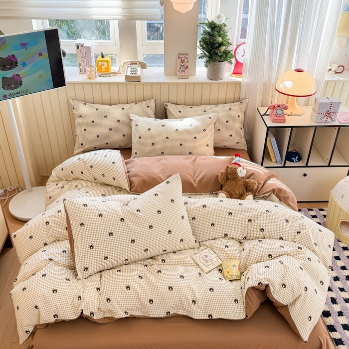 91家纺网 家纺一手货源 找家纺 鑫佳居 2026新款古法仿棉小清新印花四件套 格调熊