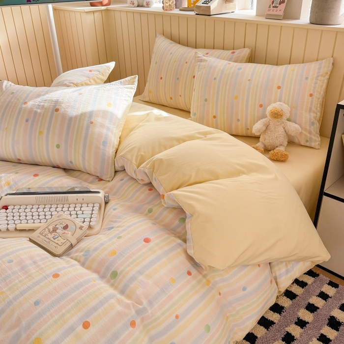 91家纺网 家纺一手货源 找家纺 鑫佳居 2026新款古法仿棉小清新印花四件套 彩虹圆点