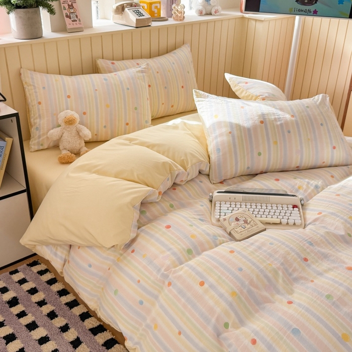 91家纺网 家纺一手货源 找家纺 鑫佳居 2026新款古法仿棉小清新印花四件套 彩虹圆点