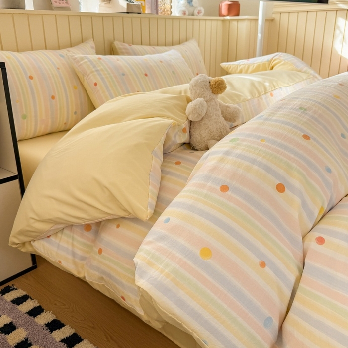 91家纺网 家纺一手货源 找家纺 鑫佳居 2026新款古法仿棉小清新印花四件套 彩虹圆点