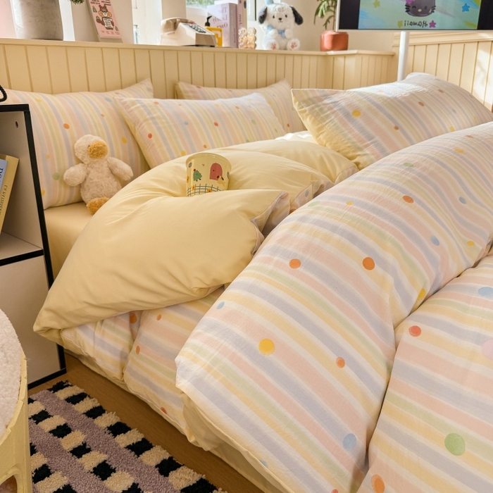 91家纺网 家纺一手货源 找家纺 鑫佳居 2026新款古法仿棉小清新印花四件套 彩虹圆点