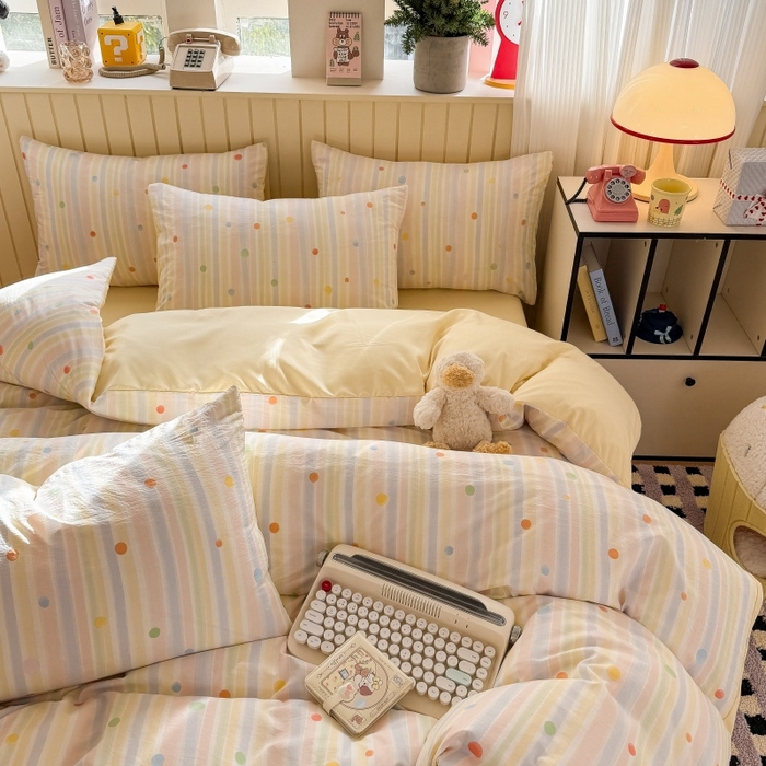 91家纺网 家纺一手货源 找家纺 鑫佳居 2026新款古法仿棉小清新印花四件套 彩虹圆点