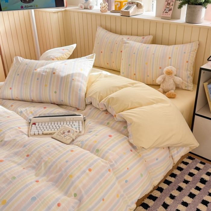 91家纺网 家纺一手货源 找家纺 鑫佳居 2026新款古法仿棉小清新印花四件套 彩虹圆点