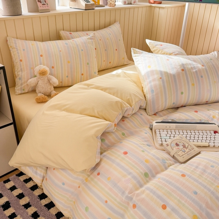 91家纺网 家纺一手货源 找家纺 鑫佳居 2026新款古法仿棉小清新印花四件套 彩虹圆点