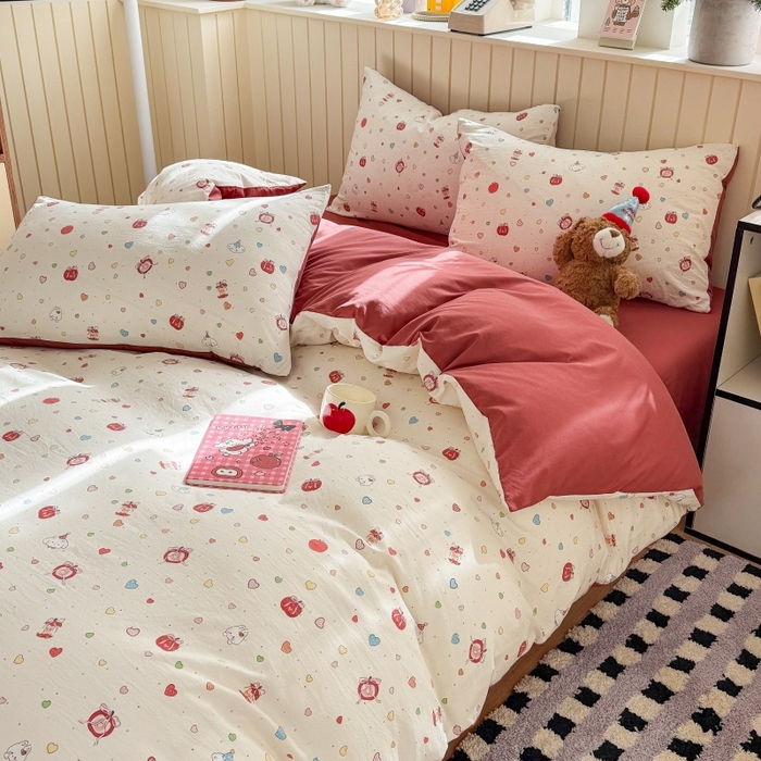 91家纺网 家纺一手货源 找家纺 鑫佳居 2026新款古法仿棉小清新印花四件套 苹果乐园