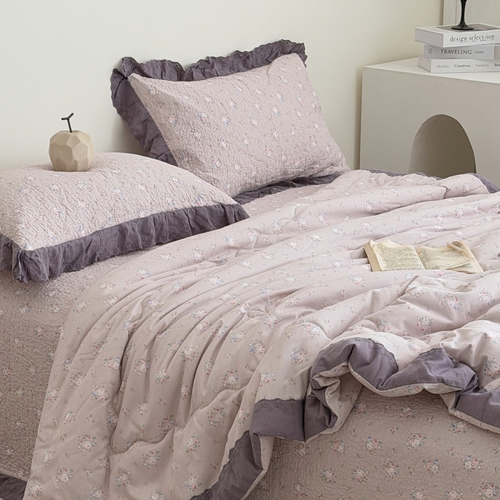 91家纺网 家纺一手货源 找家纺 佰织鑫家居 2026春夏新款全棉纯棉法式床盖款夏被夏凉被空调被夏被四件套春秋被四件套紫苏