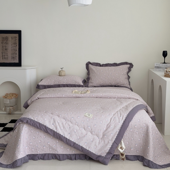 91家纺网 家纺一手货源 找家纺 佰织鑫家居 2026春夏新款全棉纯棉法式床盖款夏被夏凉被空调被夏被四件套春秋被四件套紫苏