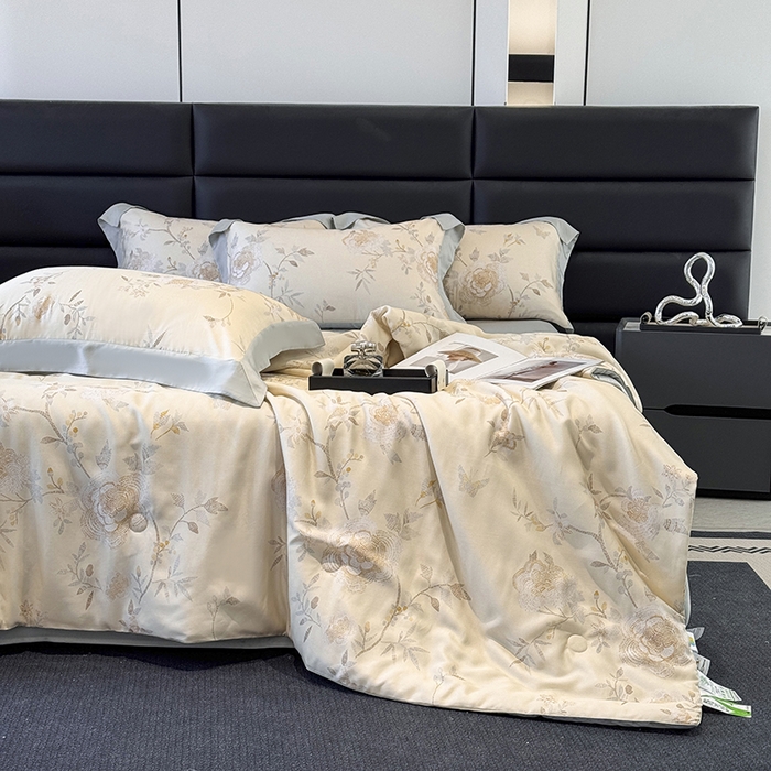 91家纺网 家纺一手货源 找家纺 玉相逢 2026春夏新款莱赛尔天丝夏被嵌绳款数码印花单夏被夏被四件套 妍艺