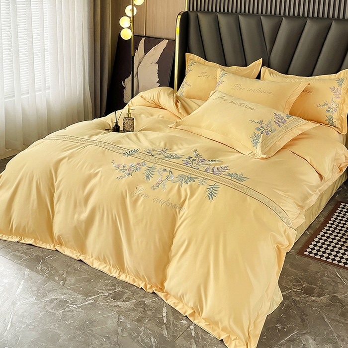 91家纺网 家纺一手货源 找家纺 玉相逢 2026新款天丝棉轻奢刺绣四件套-华尔兹系列 华尔兹-柠檬黄