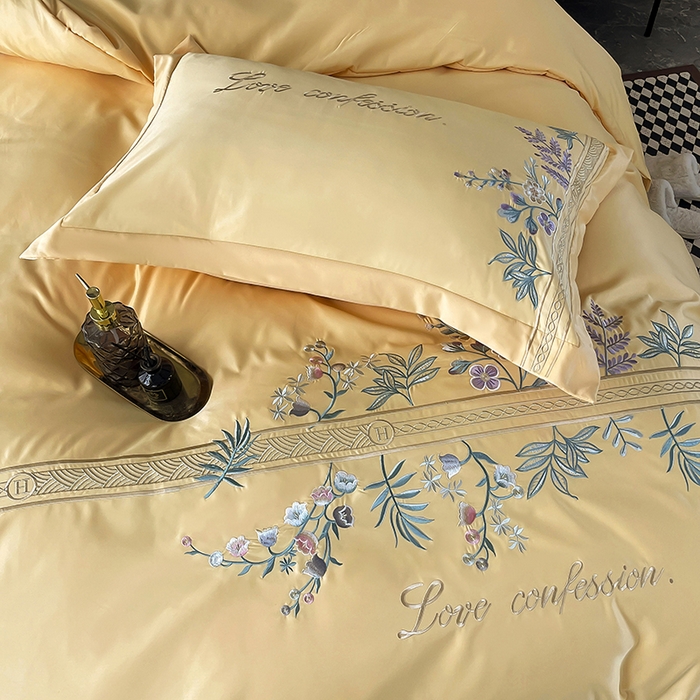 91家纺网 家纺一手货源 找家纺 玉相逢 2026新款天丝棉轻奢刺绣四件套-华尔兹系列 华尔兹-柠檬黄