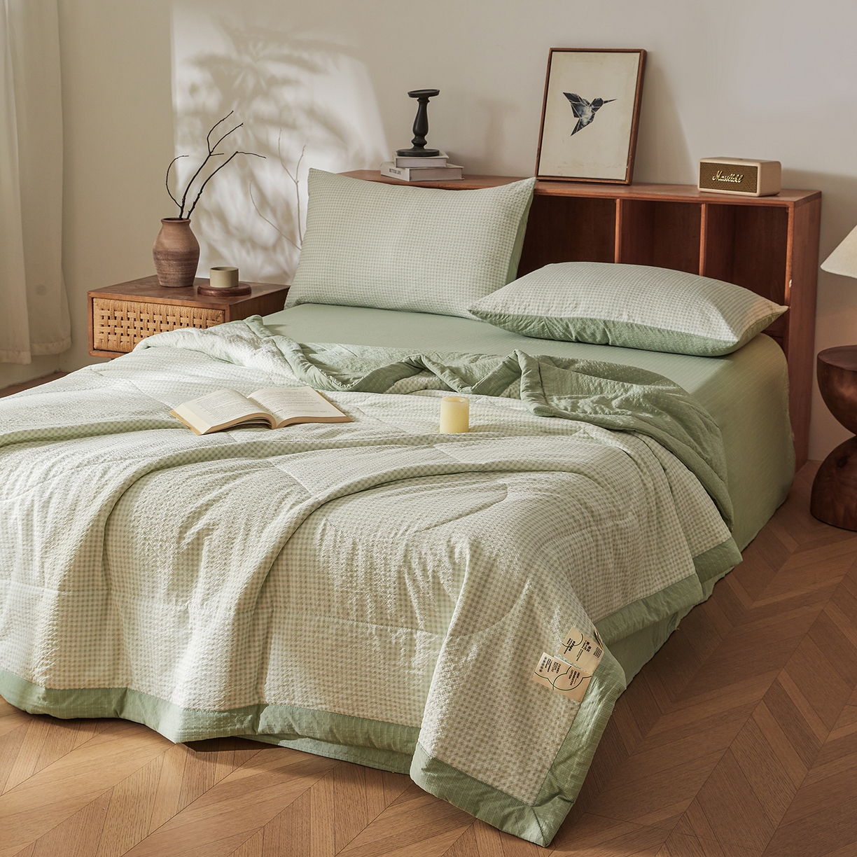 91家纺网 家纺一手货源 找家纺 熙宴家纺 2026新款云感泡芙棉花夏被四件套 白方格