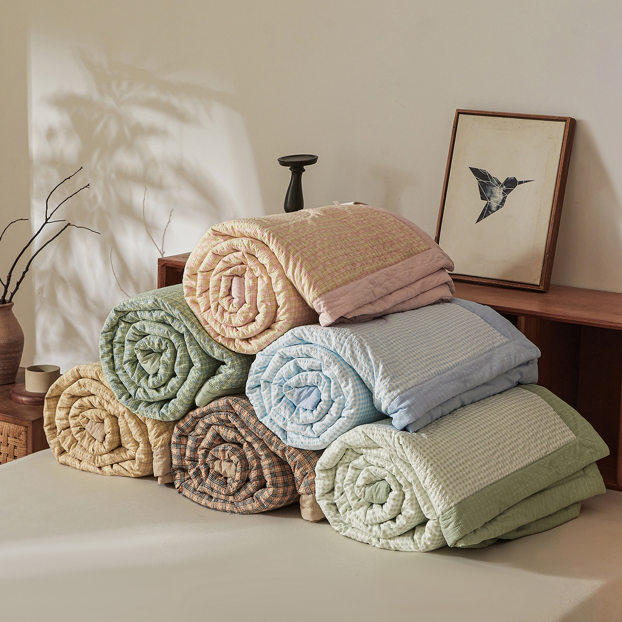 91家纺网 家纺一手货源 找家纺 熙宴家纺 2026新款云感泡芙棉花夏被四件套 蓝方格