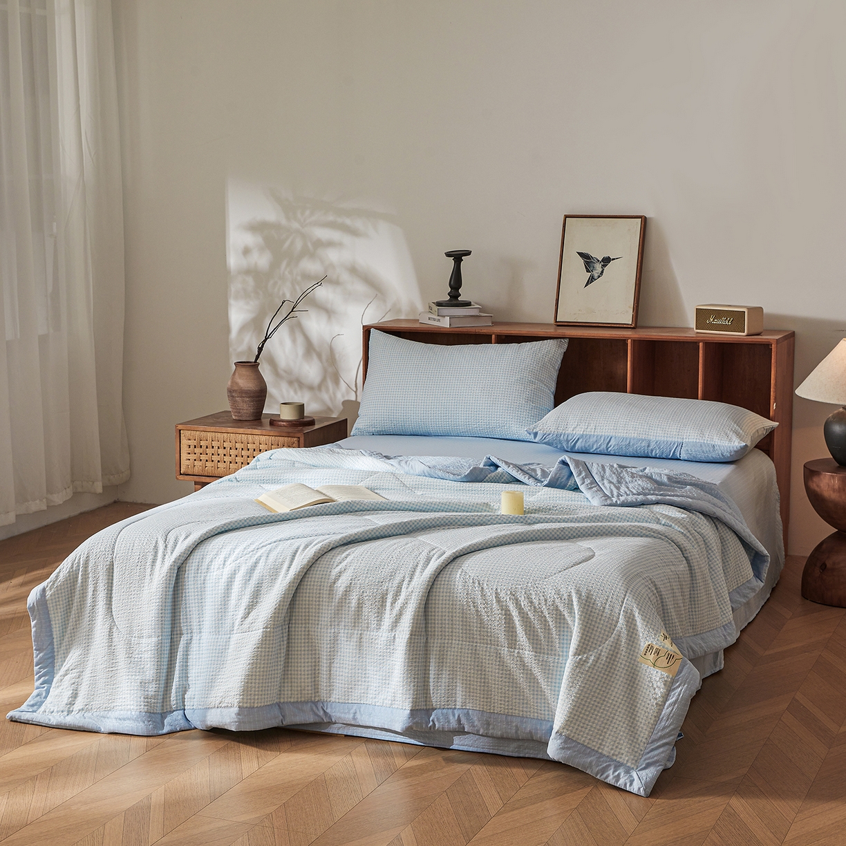 91家纺网 家纺一手货源 找家纺 熙宴家纺 2026新款云感泡芙棉花夏被四件套 蓝方格