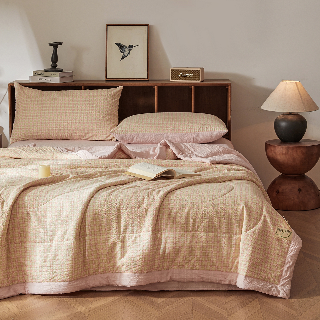 91家纺网 家纺一手货源 找家纺 熙宴家纺 2026新款云感泡芙棉花夏被四件套 粉方格