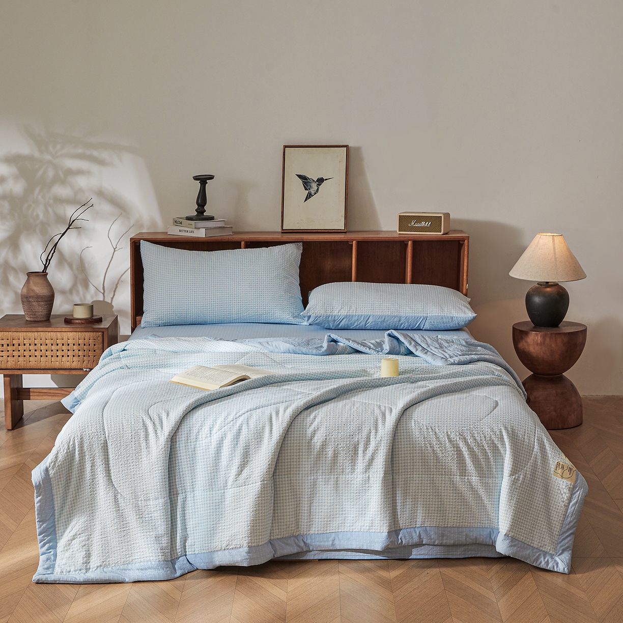 91家纺网 家纺一手货源 找家纺 熙宴家纺 2026新款云感泡芙棉花夏被四件套 蓝方格