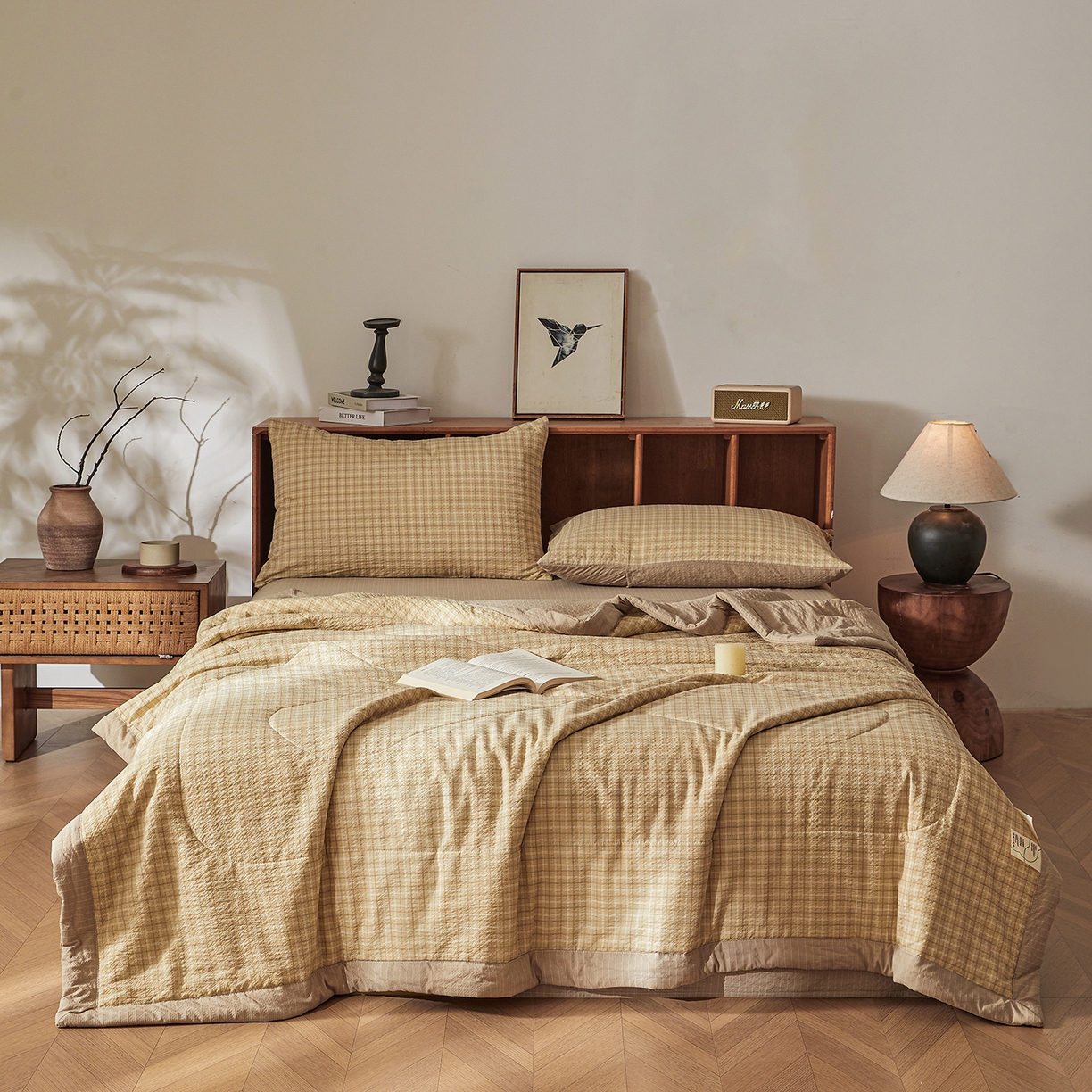 91家纺网 家纺一手货源 找家纺 熙宴家纺 2026新款云感泡芙棉花夏被四件套 咖方格