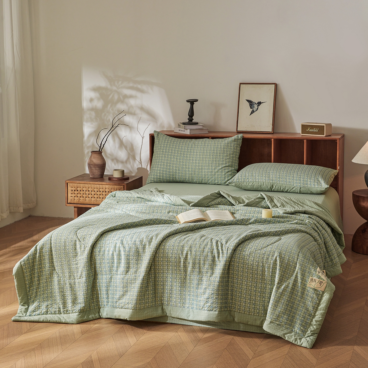 91家纺网 家纺一手货源 找家纺 熙宴家纺 2026新款云感泡芙棉花夏被四件套 绿方格