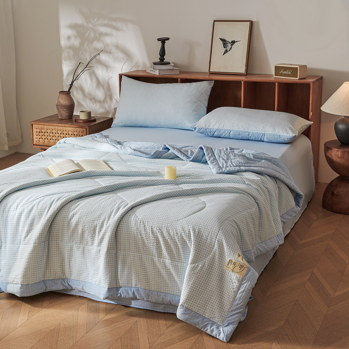 91家纺网 家纺一手货源 找家纺 熙宴家纺 2026新款云感泡芙棉花夏被四件套 蓝方格