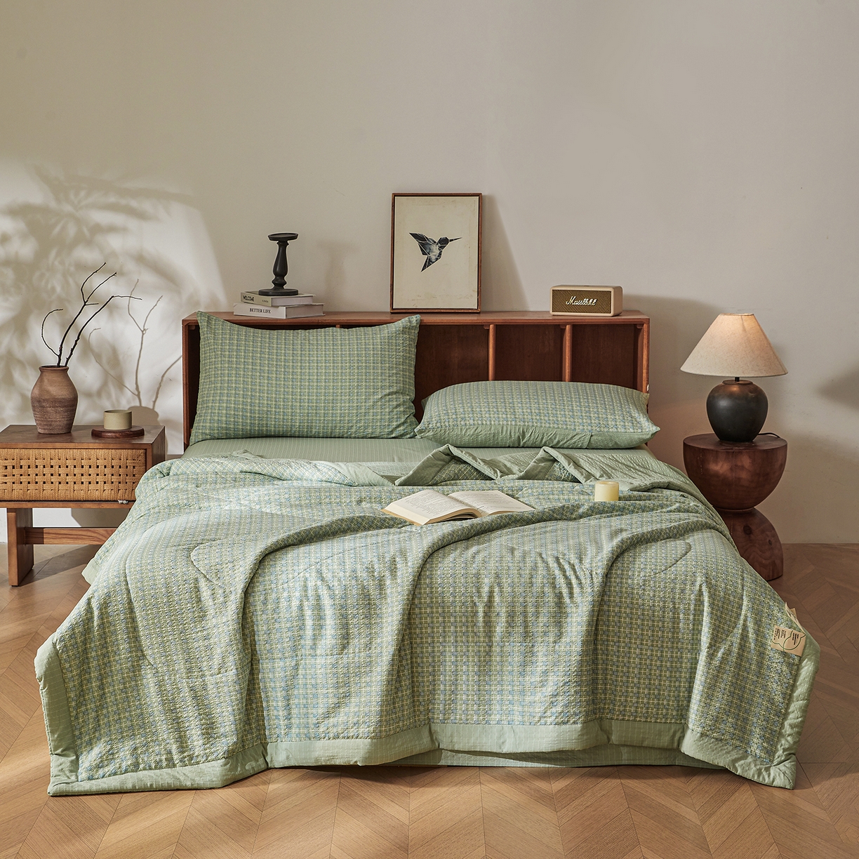 91家纺网 家纺一手货源 找家纺 熙宴家纺 2026新款云感泡芙棉花夏被四件套 绿方格