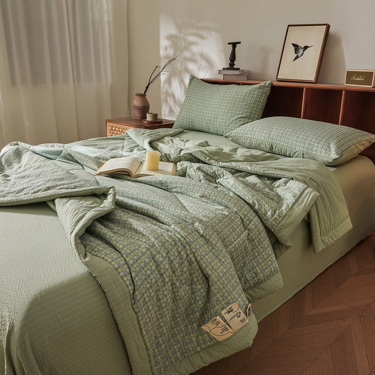 91家纺网 家纺一手货源 找家纺 熙宴家纺 2026新款云感泡芙棉花夏被四件套 绿方格