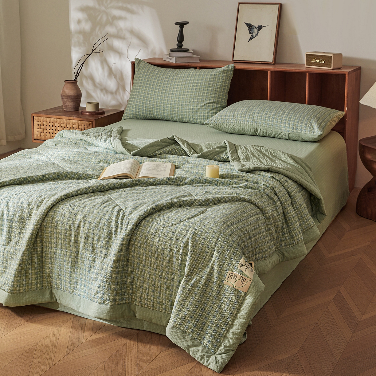 91家纺网 家纺一手货源 找家纺 熙宴家纺 2026新款云感泡芙棉花夏被四件套 绿方格