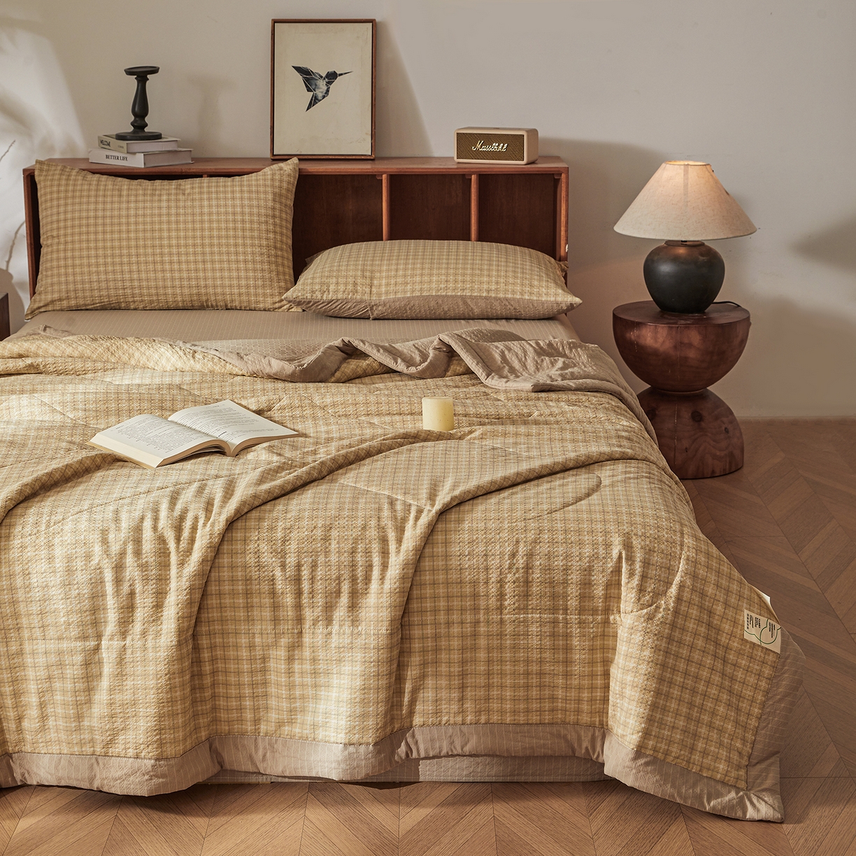 91家纺网 家纺一手货源 找家纺 熙宴家纺 2026新款云感泡芙棉花夏被四件套 咖方格