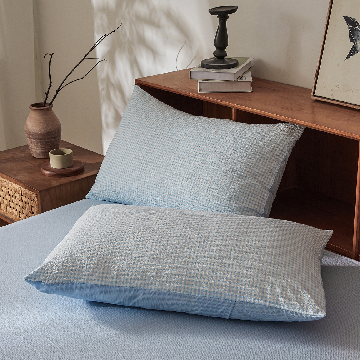 91家纺网 家纺一手货源 找家纺 熙宴家纺 2026新款云感泡芙棉花夏被四件套 蓝方格