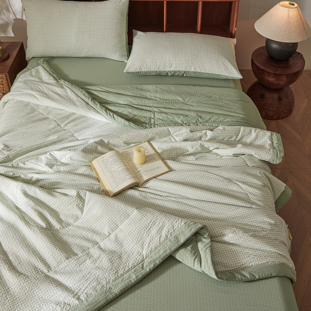 91家纺网 家纺一手货源 找家纺 熙宴家纺 2026新款云感泡芙棉花夏被四件套 白方格