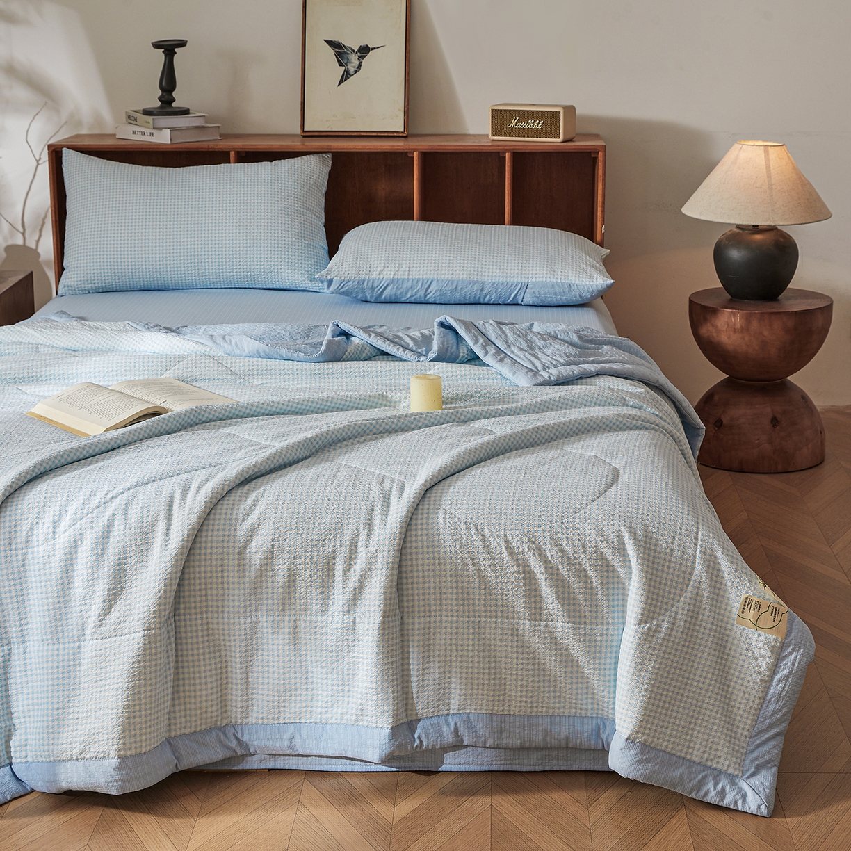 91家纺网 家纺一手货源 找家纺 熙宴家纺 2026新款云感泡芙棉花夏被四件套 蓝方格