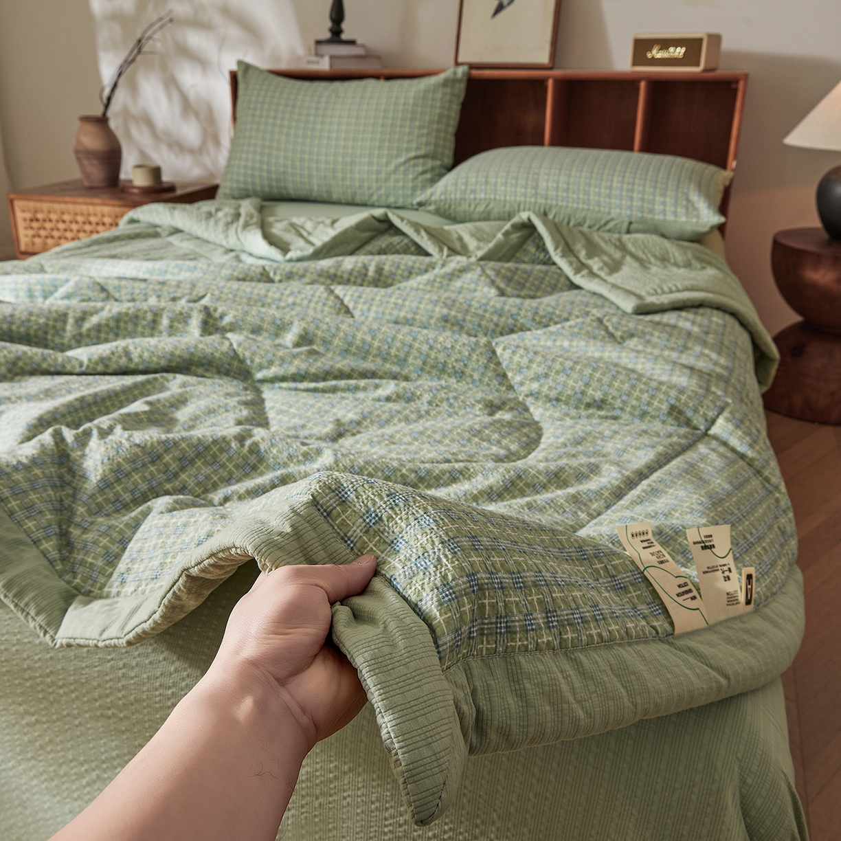 91家纺网 家纺一手货源 找家纺 熙宴家纺 2026新款云感泡芙棉花夏被四件套 绿方格