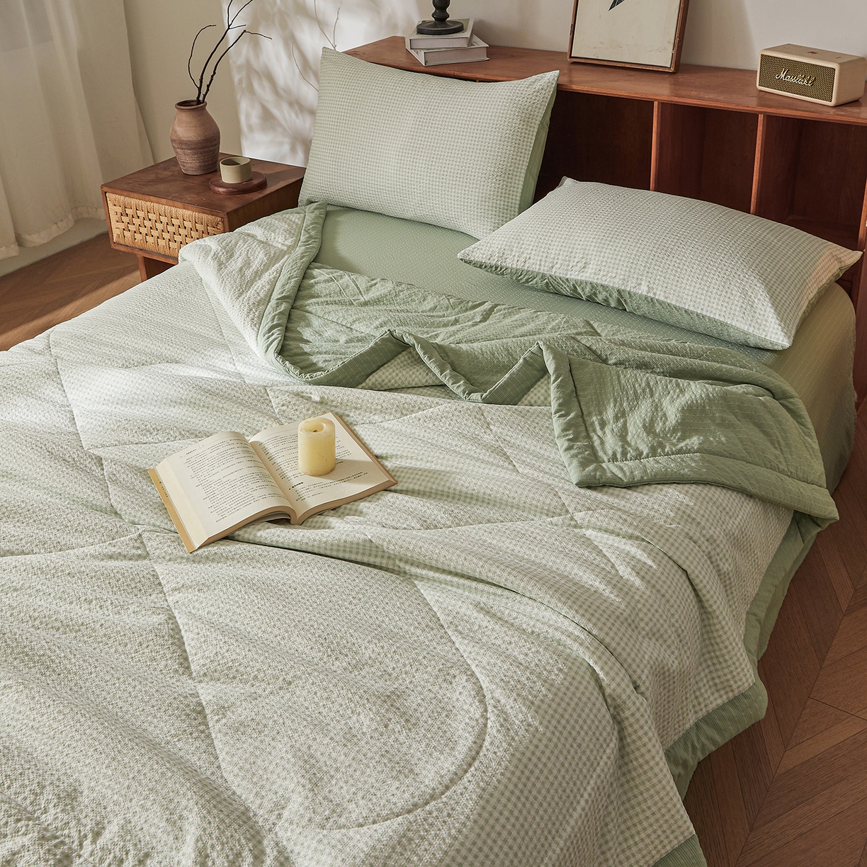 91家纺网 家纺一手货源 找家纺 熙宴家纺 2026新款云感泡芙棉花夏被四件套 白方格