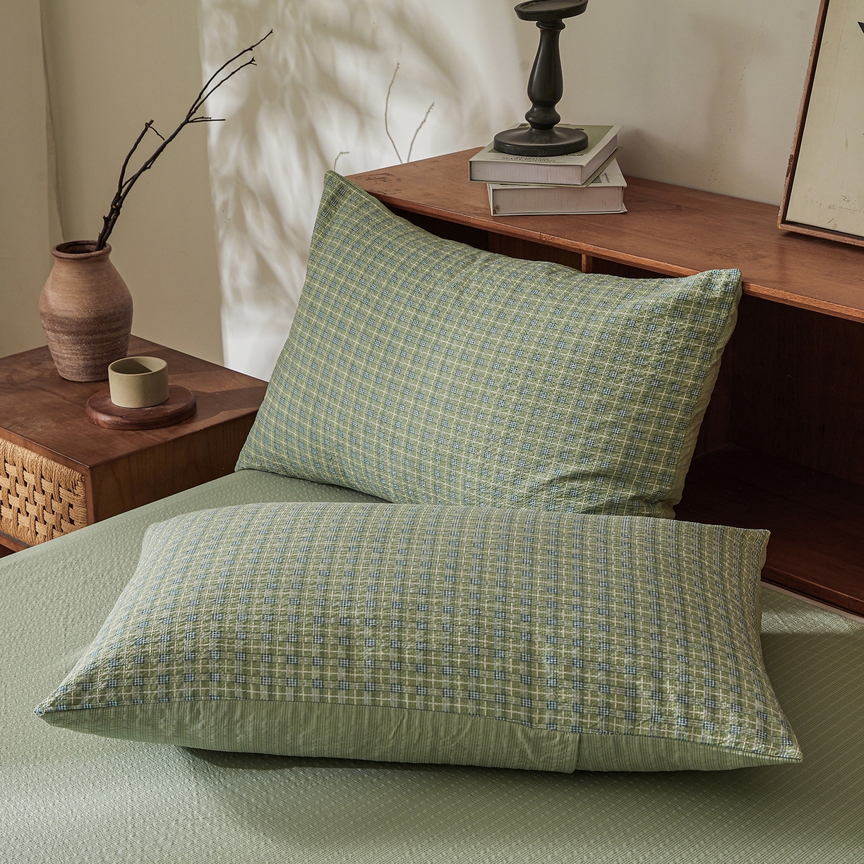 91家纺网 家纺一手货源 找家纺 熙宴家纺 2026新款云感泡芙棉花夏被四件套 绿方格