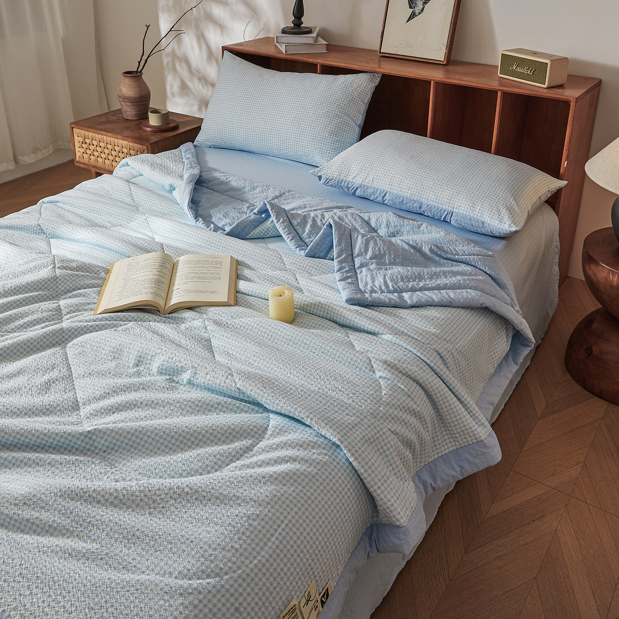 91家纺网 家纺一手货源 找家纺 熙宴家纺 2026新款云感泡芙棉花夏被四件套 蓝方格